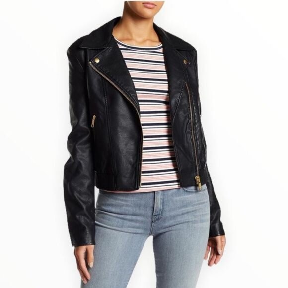 Free People Faux Leather Moto Jacket Zip Up Black - Picture 2 of 15
